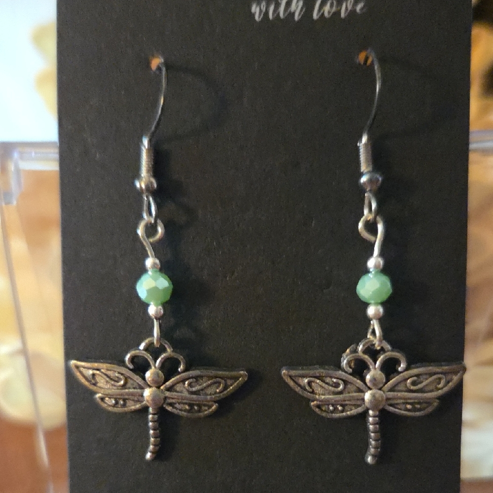 🎁 Handmade Green Aventurine Silver Tone Dragonfly Dangle Earrings NEW